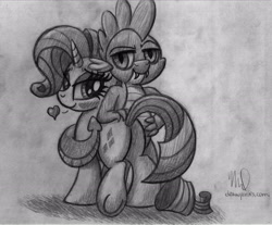 Size: 2928x2419 | Tagged: safe, artist:drawponies, imported from derpibooru, rarity, spike, female, heart, interspecies, male, monochrome, older, shipping, sketch, sparity, straight, traditional art