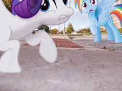 Size: 1024x764 | Tagged: safe, artist:nikorurene, imported from derpibooru, rainbow dash, rarity, building, irl, photo, ponies in real life, shadow, sidewalk, tree, vector