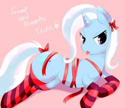 Size: 800x692 | Tagged: safe, artist:syansyan, imported from derpibooru, trixie, pony, unicorn, clothes, female, mare, ribbon, socks, solo, striped socks, tongue out