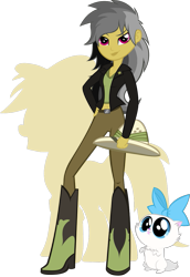 Size: 741x1080 | Tagged: safe, artist:rariedash, imported from derpibooru, daring do, mitsy, cat, equestria girls, boots, clothes, equestria girls-ified, female, grey hair, hat, high heel boots, jacket, leather, leather jacket, older daring do, pith helmet, shoes, simple background, solo, tomboy, transparent background