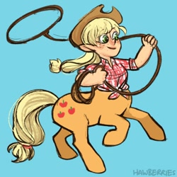 Size: 400x400 | Tagged: safe, artist:leoniexli, imported from derpibooru, applejack, centaur, centaurjack, female, lasso, simple background, solo