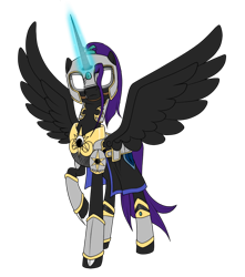 Size: 750x850 | Tagged: safe, artist:jazzybrony, imported from derpibooru, oc, oc only, oc:nyx, alicorn, pony, fanfic:past sins, alicorn oc, armor, female, glowing eyes, helmet, horn, mare, nightmare nyx, solo, spread wings, wings