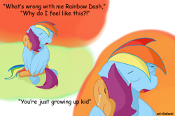 Size: 1000x660 | Tagged: safe, artist:caluriri, imported from derpibooru, rainbow dash, scootaloo, crying, dialogue, hug, text