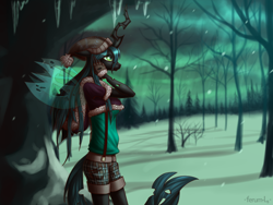 Size: 2094x1571 | Tagged: safe, artist:hardcrowmao, imported from derpibooru, queen chrysalis, anthro, female, forest, snow, snowfall, solo
