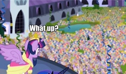 Size: 715x420 | Tagged: safe, edit, edited screencap, imported from derpibooru, screencap, princess luna, twilight sparkle, alicorn, pony, magical mystery cure, big crown thingy, clothes, coronation dress, crowd, dress, element of magic, female, futurama, image macro, jewelry, mare, offscreen character, regalia, twilight sparkle (alicorn)