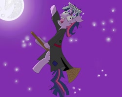 Size: 2000x1600 | Tagged: safe, artist:hanswurst10, imported from derpibooru, twilight sparkle, broom, crown, derp, female, floppy ears, flying, flying broomstick, full moon, mare in the moon, moon, night, night sky, open mouth, sitting, solo, stars, twilight snapple, witch