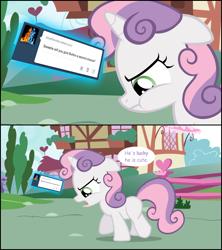 Size: 1290x1455 | Tagged: safe, artist:jan, imported from derpibooru, sweetie belle, ask the crusaders, comic, floating tumblr question, puffy cheeks, tsundere, tsundere belle