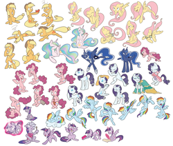 Size: 5500x4673 | Tagged: safe, artist:pixel-prism, imported from derpibooru, applejack, fluttershy, pinkie pie, princess celestia, princess luna, rainbow dash, rarity, twilight sparkle, alicorn, mouse, pony, absurd resolution, apple, bathrobe, bed mane, bedroom eyes, bipedal, cake, cakelestia, clothes, dress, element of magic, female, filly, goggles, hat, ketchup, mane six, mare, sketch dump, tea, twilight sparkle (alicorn)