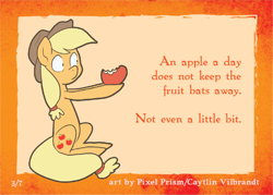 Size: 1051x751 | Tagged: safe, artist:pixel-prism, imported from derpibooru, applejack, fruit bat, apple, card, female, parody, quote, sitting, solo