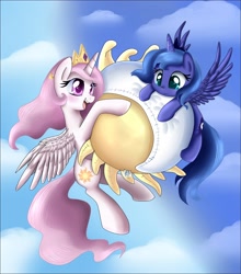 Size: 3020x3435 | Tagged: safe, artist:pridark, imported from derpibooru, princess celestia, princess luna, alicorn, cewestia, crown, cute, eclipse, filly, jewelry, moon, pillow, pink-mane celestia, regalia, s1 luna, sun, tangible heavenly object, woona