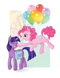 Size: 1024x1325 | Tagged: safe, artist:lemondevil, imported from derpibooru, pinkie pie, twilight sparkle, balloon, boop, eyes closed, female, floating, happy, lesbian, saddle bag, shipping, then watch her balloons lift her up to the sky, twinkie