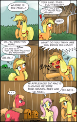 Size: 1949x3080 | Tagged: safe, artist:ciriliko, imported from derpibooru, applejack, big macintosh, fluttershy, earth pony, pegasus, pony, ..., blushing, comic, creeper, dialogue, fake out, female, fluttermac, implied fluttermac, implied sex, innuendo, male, mare, red eyes, shipping, stallion, straight