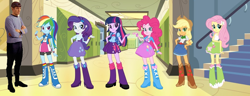 Size: 1020x391 | Tagged: safe, anonymous artist, imported from derpibooru, applejack, fluttershy, pinkie pie, rainbow dash, rarity, twilight sparkle, equestria girls, are equestrian girls human?, eqg promo pose set, meme, spock, spock is not impressed, star trek, vulcan