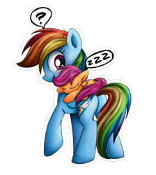 Size: 900x1006 | Tagged: dead source, safe, artist:xioade, imported from derpibooru, rainbow dash, scootaloo, pegasus, pony, cute, cutealoo, onomatopoeia, ponies riding ponies, question mark, riding, scootaloo riding rainbow dash, scootalove, sleeping, sound effects, speech bubble, zzz