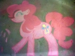 Size: 1024x765 | Tagged: safe, imported from derpibooru, pinkie pie, earth pony, pony, chalk, chalk art, chalk drawing, eyes closed, female, mare, photo, raised hoof, smiling, solo, traditional art