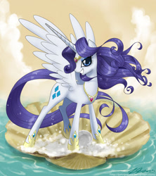 Size: 1200x1350 | Tagged: safe, artist:johnjoseco, imported from derpibooru, rarity, alicorn, pony, alicornified, beautiful, bedroom eyes, birth of venus, clam, female, grin, happy, jewelry, looking at you, necklace, ocean, pearl, race swap, raricorn, seashell, smiling, smirk, solo, sparkles, the birth of venus