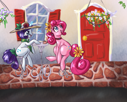 Size: 1024x819 | Tagged: safe, artist:rastaquouere69, imported from derpibooru, pinkie pie, rarity, alternate hairstyle, cafe, coffee, female, flower, hat, lesbian, raripie, shipping