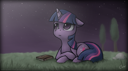 Size: 985x548 | Tagged: safe, artist:chiramii-chan, imported from derpibooru, twilight sparkle, unicorn, book, female, night, solo, unicorn twilight