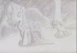 Size: 1900x1323 | Tagged: safe, artist:unlicensedbrony, imported from derpibooru, trixie, twilight sparkle, monochrome, traditional art