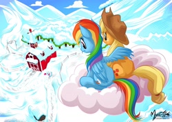 Size: 1414x1000 | Tagged: safe, artist:mysticalpha, imported from derpibooru, applejack, rainbow dash, earth pony, pegasus, pony, appledash, backwards cutie mark, barn, cloud, dock, female, hat, lesbian, mare, outdoors, shading, shipping, signature, sitting, smiling, snow, snow pony, snowpony, sweet apple acres, vertigo