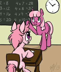 Size: 516x600 | Tagged: safe, artist:sumireshee, imported from derpibooru, cheerilee, cotton candy (g1), chair, chalkboard, classroom, clock, desk, g1, g1 to g4, g4, generation leap, sitting