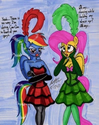 Size: 1294x1637 | Tagged: safe, artist:newyorkx3, imported from derpibooru, fluttershy, rainbow dash, anthro, blushing, can-can, can-can dress, cleavage, clothes, dialogue, dress, embarrassed, female, in character, traditional art