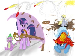 Size: 800x600 | Tagged: safe, artist:sean mirrsen, imported from derpibooru, derpy hooves, spike, trixie, twilight sparkle, dragon, pegasus, pony, unicorn, cart, crying, explosion, facial hair, female, force field, glare, gritted teeth, magic, male, mare, moustache, smirk