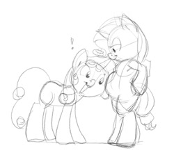 Size: 773x700 | Tagged: safe, artist:carnifex, imported from derpibooru, rarity, sweetie belle, pony, bipedal, monochrome, older, pregnant, sketch