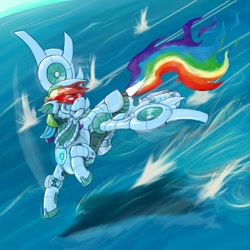 Size: 800x800 | Tagged: safe, artist:sean mirrsen, imported from derpibooru, rainbow dash, android, robot, female, flying, power rangers, solo, water, zord