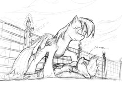 Size: 800x600 | Tagged: safe, artist:sean mirrsen, imported from derpibooru, rainbow dash, scootaloo, jurassic park, monochrome, on back, parody, sketch