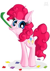 Size: 711x1000 | Tagged: dead source, safe, artist:lillykitten, imported from derpibooru, pinkie pie, earth pony, confetti, cute, diapinkes, female, looking at you, mare, noisemaker, simple background, solo, white background