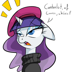 Size: 800x800 | Tagged: artist needed, safe, artist:ask-mademoiselle-rarity, imported from derpibooru, rarity, unicorn, ask mademoiselle rarity, beatnik rarity, beret, clothes, eyeshadow, female, floppy ears, hat, looking up, makeup, simple background, solo, tumblr, white background