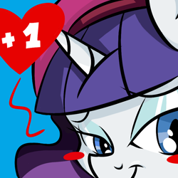 Size: 800x800 | Tagged: artist needed, safe, artist:ask-mademoiselle-rarity, imported from derpibooru, rarity, unicorn, ask mademoiselle rarity, beatnik rarity, beret, blue background, blushing, close-up, clothes, female, hat, heart, looking down, simple background, solo, tumblr