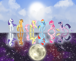 Size: 4500x3600 | Tagged: safe, artist:sagebrushpony, imported from derpibooru, applejack, fluttershy, pinkie pie, rainbow dash, rarity, twilight sparkle, oc, mane six, reflection