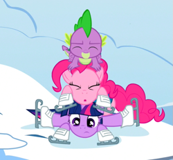 Size: 621x577 | Tagged: safe, imported from derpibooru, screencap, pinkie pie, spike, twilight sparkle, pinkiepieskitchen, winter wrap up, cropped, eyes closed, ice skates, pile, pony pile, snow, winter