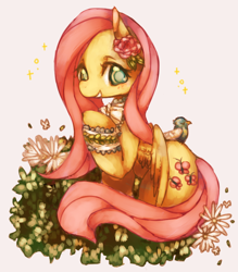 Size: 700x800 | Tagged: safe, artist:tanlin, artist:碳鱗*:･ﾟ✧, imported from derpibooru, fluttershy, bird, female, flower, flower in hair, flower ornament, lace, pixiv, solo