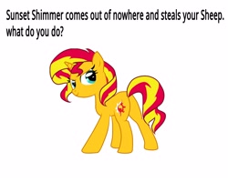 Size: 5000x4000 | Tagged: safe, imported from derpibooru, sunset shimmer, pony, sheep, unicorn, bronybait, female, meme, solo, text, what do