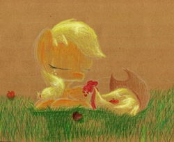 Size: 1255x1024 | Tagged: safe, artist:getchanoodlewet, imported from derpibooru, applejack, eyes closed, female, grass, prone, solo, traditional art