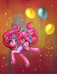 Size: 1529x2000 | Tagged: safe, artist:nyarmarr, imported from derpibooru, pinkie pie, action pose, balloon, clothes, confetti, dress, female, gala dress, solo