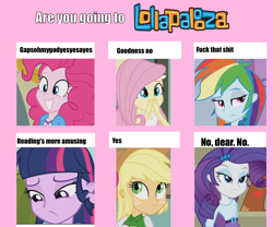 Size: 1200x1000 | Tagged: safe, edit, imported from derpibooru, applejack, fluttershy, pinkie pie, rainbow dash, rarity, twilight sparkle, equestria girls, 6 pony meme, exploitable meme, inverted mouth, liar face, liarjack, lollapalooza, mane six, meme, scrunchy face, vulgar