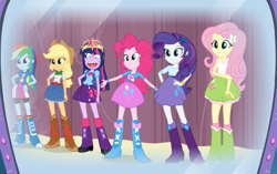 Size: 839x527 | Tagged: safe, artist:curtsibling, imported from derpibooru, applejack, fluttershy, pinkie pie, rainbow dash, rarity, twilight sparkle, equestria girls, become an equestria girl, mane six
