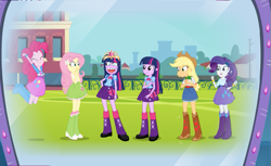 Size: 871x532 | Tagged: safe, artist:curtsibling, imported from derpibooru, applejack, fluttershy, pinkie pie, rarity, twilight sparkle, equestria girls, balloon, become an equestria girl, big crown thingy, boots, bracelet, clothes, cowboy boots, creepy, crown, high heel boots, jewelry, mane six, regalia, skirt