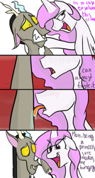 Size: 575x1075 | Tagged: safe, artist:riquis101, imported from derpibooru, discord, princess celestia, drool, floppy ears, frown, gritted teeth, hoof hold, licking, open mouth, parody, smiling, spongebob squarepants, the smoking peanut, tongue out, wide eyes