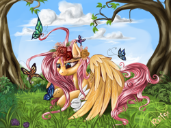 Size: 1600x1200 | Tagged: safe, artist:daffydream, imported from derpibooru, angel bunny, fluttershy, butterfly, cloud, cloudy, female, floral head wreath, flower, nature, scenery, solo, tree