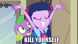 Size: 960x540 | Tagged: safe, edit, edited screencap, imported from derpibooru, screencap, spike, twilight sparkle, equestria girls, caption, dissonant caption, female, image macro, kill yourself, male, text