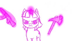 Size: 640x360 | Tagged: safe, imported from derpibooru, twilight sparkle, pony, unicorn, angry, axe, female, frown, glowing horn, gun, horn, looking at you, magic, simple background, telekinesis, weapon, white background