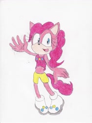 Size: 2488x3300 | Tagged: safe, artist:bluespeedsfan92, imported from derpibooru, pinkie pie, anthro, plantigrade anthro, female, solo, sonic the hedgehog (series), sonicified, style emulation, traditional art