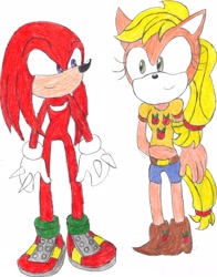 Size: 2475x3149 | Tagged: safe, artist:bluespeedsfan92, imported from derpibooru, applejack, anthro, plantigrade anthro, appleknux, crossover, crossover shipping, female, interspecies, knuckles the echidna, love, male, shipping, sonic the hedgehog (series), sonicified, straight, style emulation, traditional art