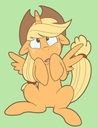 Size: 1487x1925 | Tagged: safe, artist:pixel-prism, imported from derpibooru, applejack, alicorn, pony, alicornified, applecorn, cross-eyed, everyone is an alicorn, female, floppy ears, green background, looking at something, looking up, on back, open mouth, race swap, simple background, solo, spread wings, wide eyes, wings