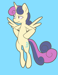 Size: 1487x1925 | Tagged: safe, artist:pixel-prism, imported from derpibooru, bon bon, sweetie drops, alicorn, pony, alicornified, blue background, bon bon is not amused, bonicorn, everyone is an alicorn, female, race swap, raised eyebrow, simple background, solo, unamused